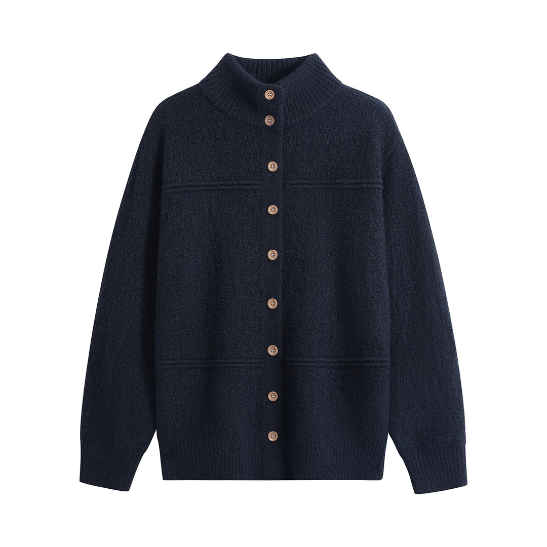 Damen Langer Oversize-Wollmix-Cardigan mit hohem Rippenkragen und Vintage-Knöpfen Drune