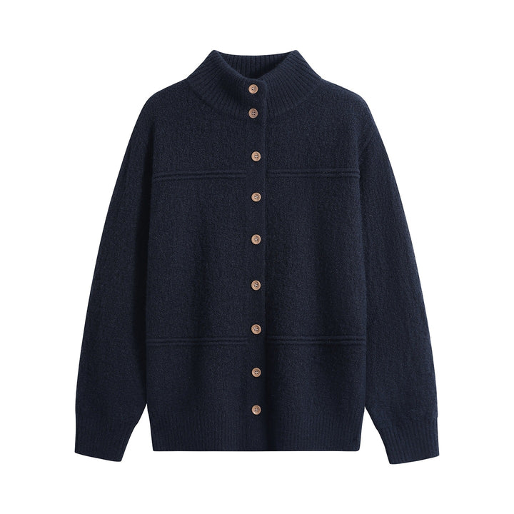 Damen Langer Oversize-Wollmix-Cardigan mit hohem Rippenkragen und Vintage-Knöpfen Drune