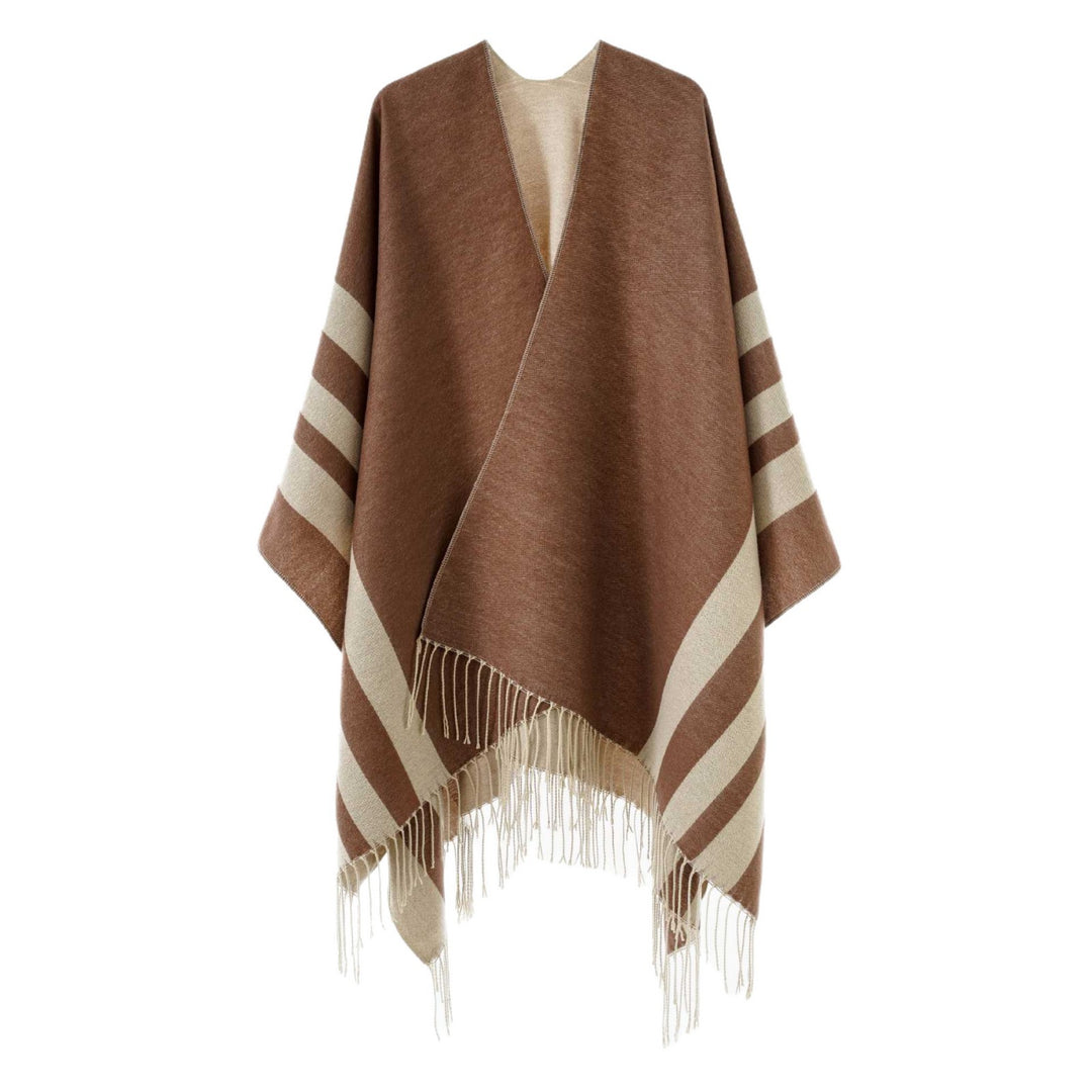 Damen Großer Wollmix Fransenponcho mit diagonalen Kontraststreifen Drune