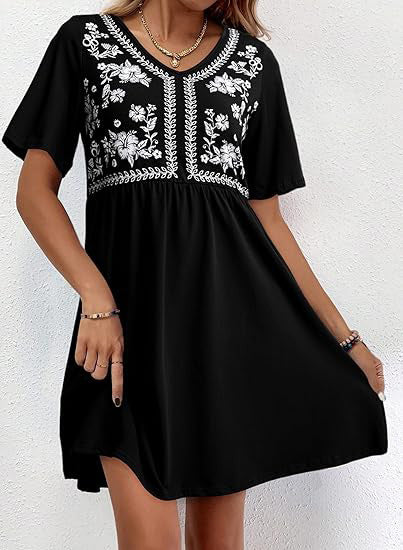 Damen Besticktes Empire-Kleid mit V-Ausschnitt, Kurzärmeln und ausgestelltem Rock Drune