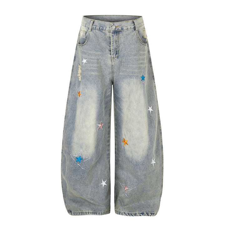 Damen Weite High-Waist Palazzo-Jeans mit Stern-Stickereien und Used-Effekt Drune