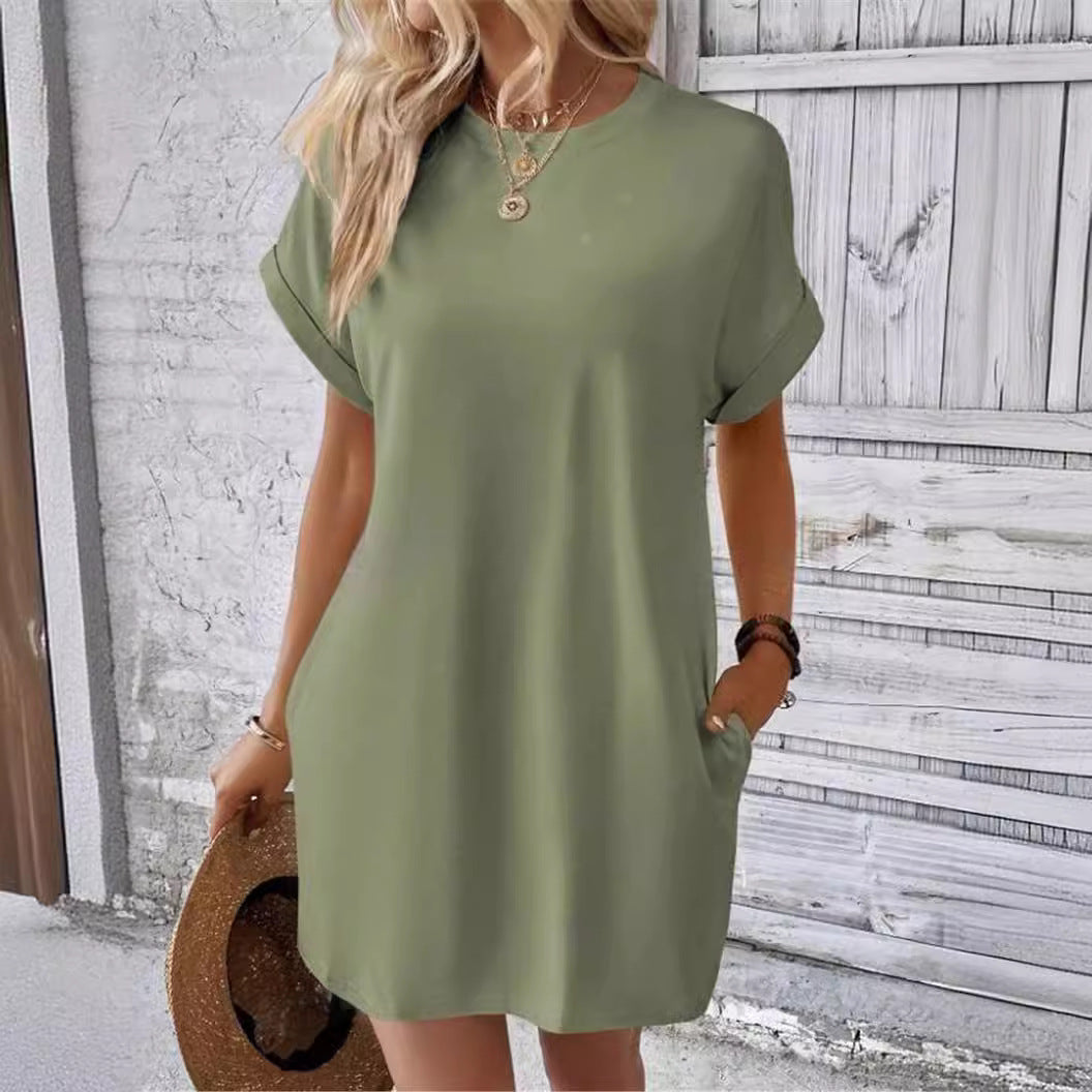 Damen lässiges T-Shirt-Kleid mit umschlagbaren Ärmeln und Taschen Drune