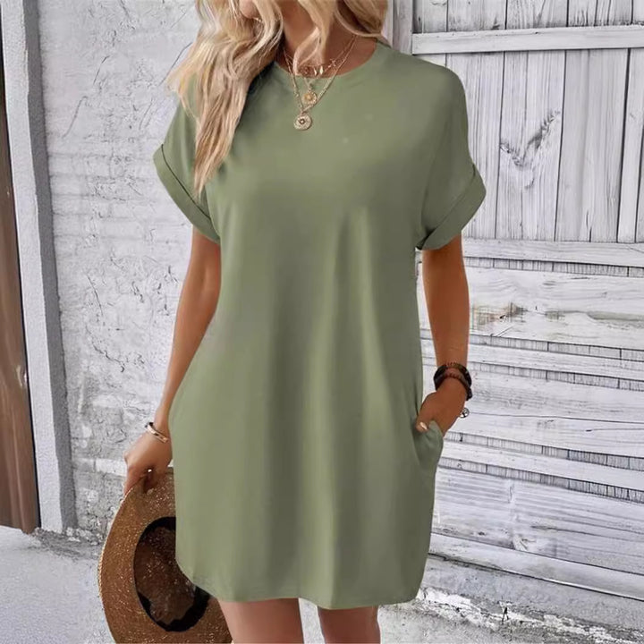 Damen lässiges T-Shirt-Kleid mit umschlagbaren Ärmeln und Taschen Drune