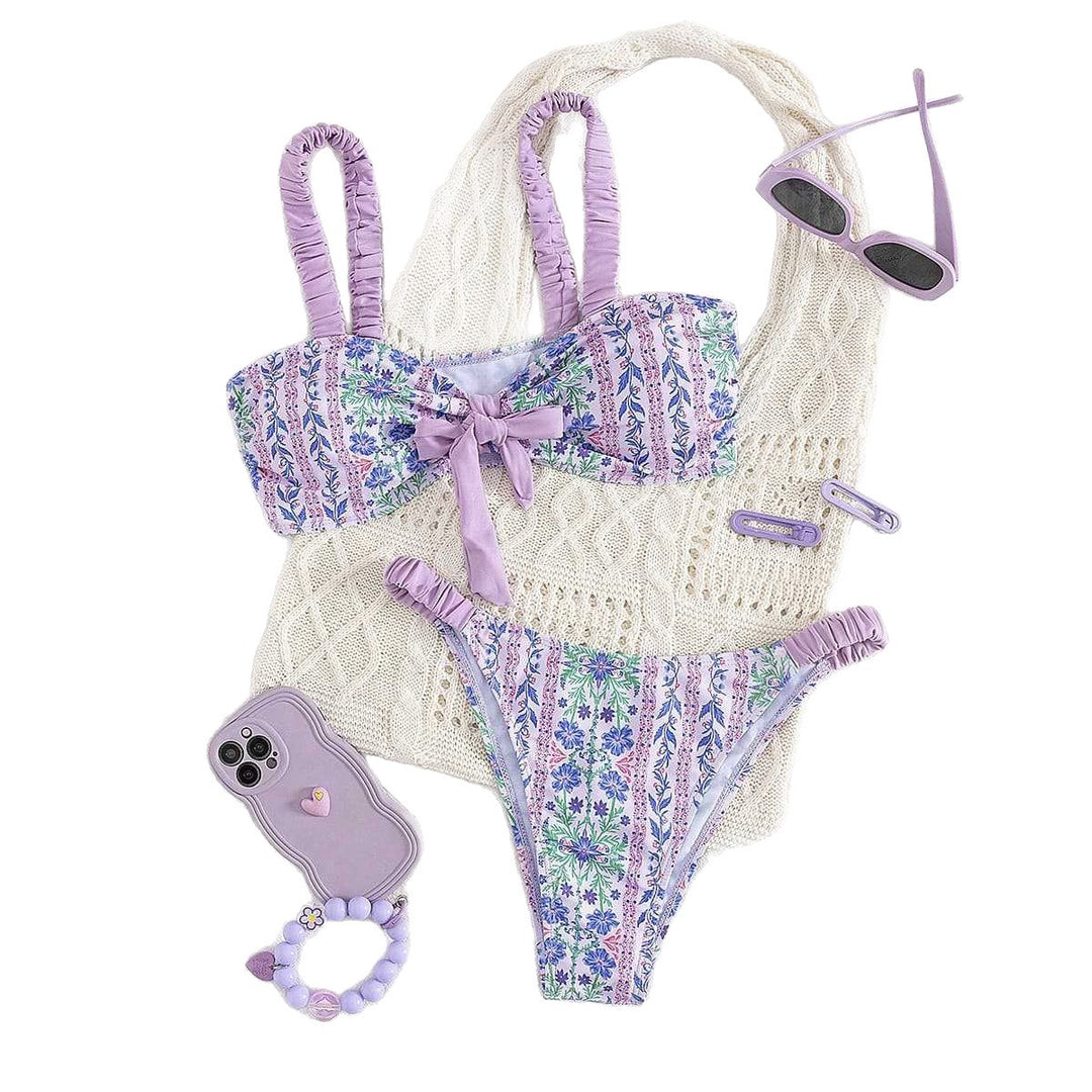 Damen Bandeau-Bikini mit floralem Design und verspielten Rüschen Drune