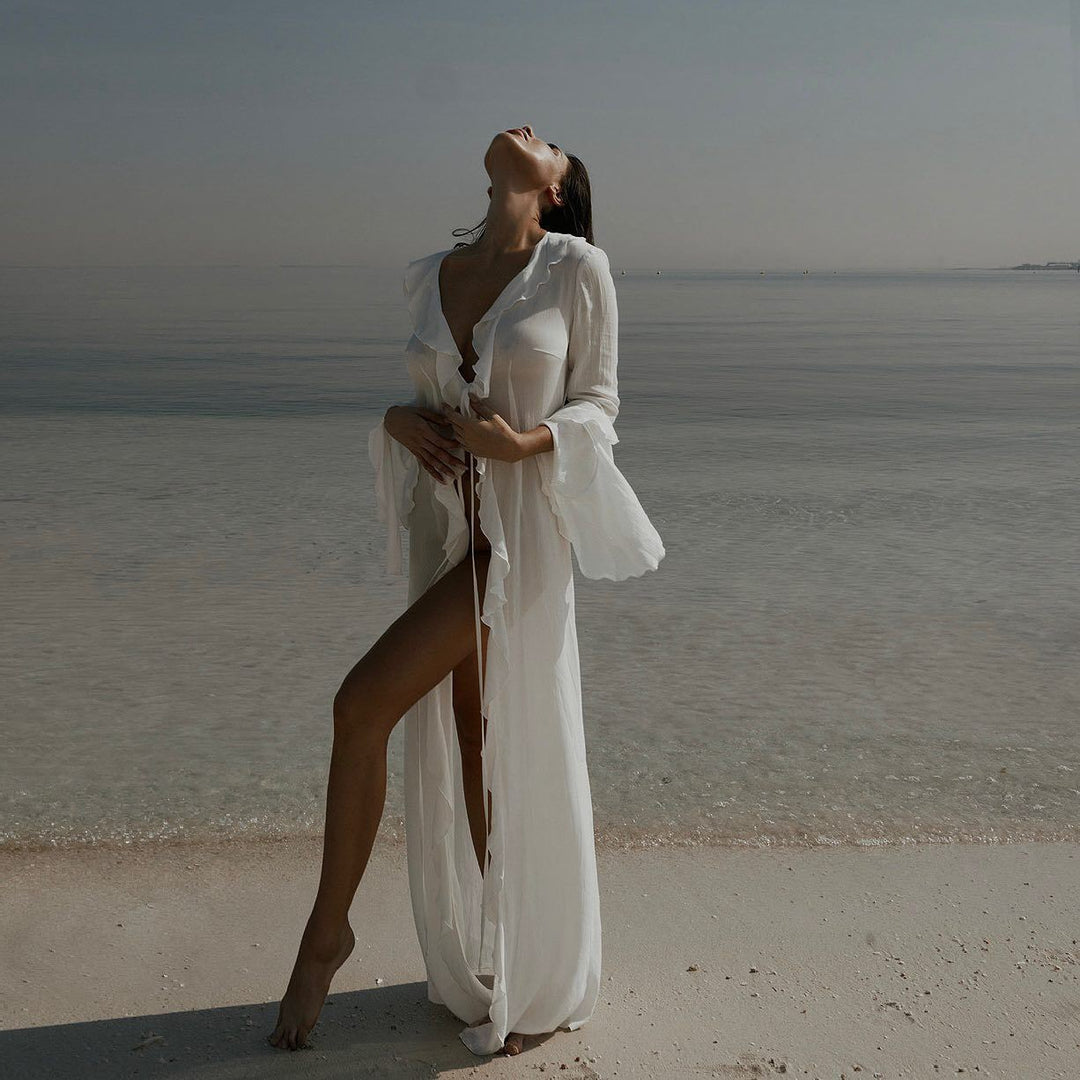 Damen elegantes Strandkleid mit Rüschen und tiefem Schlitz Drune