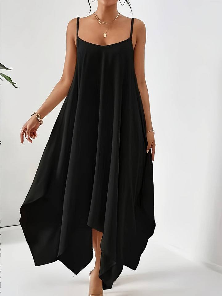 Damen luftiges Maxikleid mit asymmetrischem Saum und feinen Spaghettiträgern Drune
