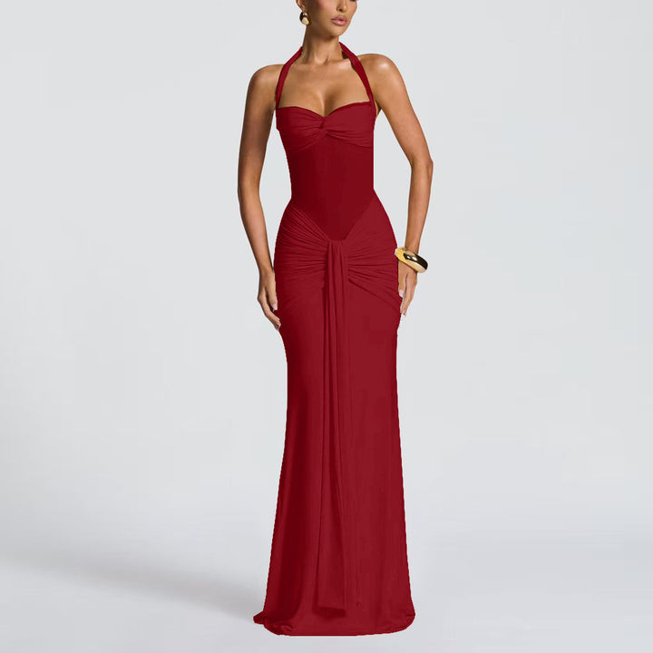 Damen elegantes Maxikleid mit schmeichelnder Raffung und Halterneck Drune