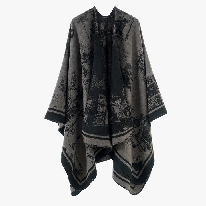 Damen Jacquard‑Capeponcho mit ikonischem Städte‑Jacquard und offenem Oversize‑Fall Drune