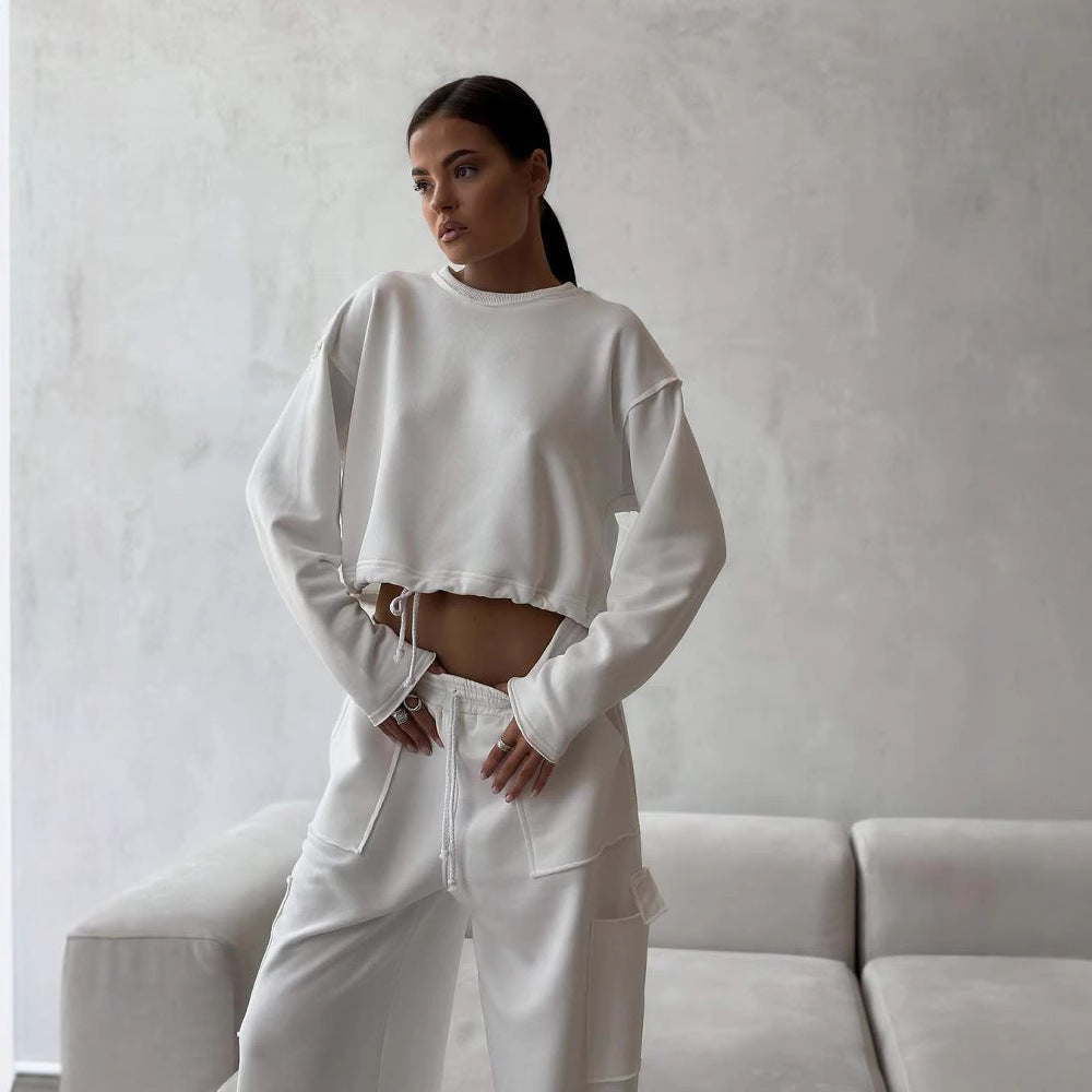 Damen kurzes Sweatshirt mit Kordelzug und Oversize-Ärmeln Drune