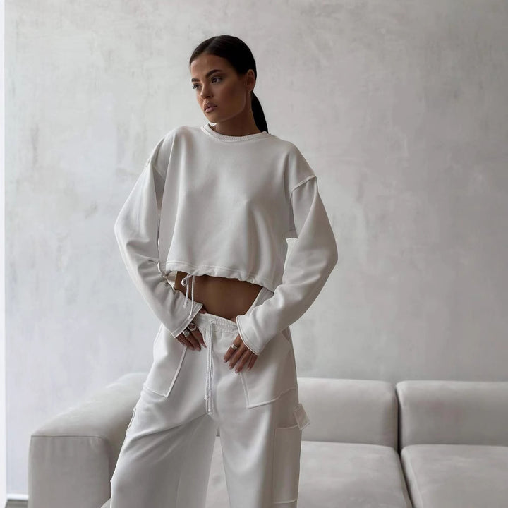 Damen kurzes Sweatshirt mit Kordelzug und Oversize-Ärmeln Drune