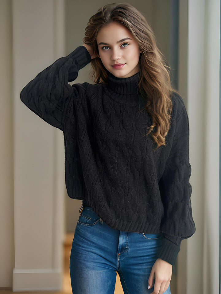 Damen Grobstrickpullover mit hohem Kragen und innovativem Zopfmuster Drune
