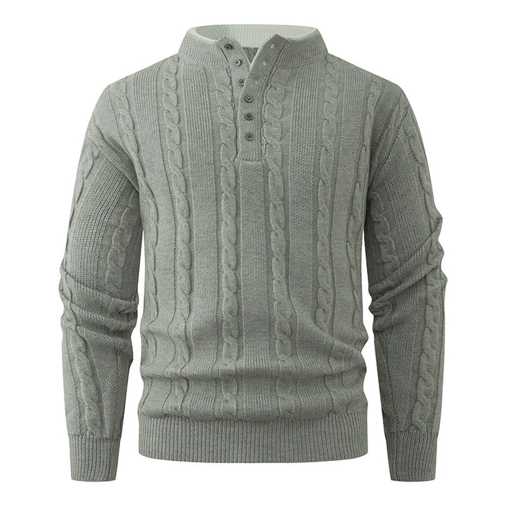 Herren Strukturierter Zopfstrick-Pullover mit Knopfleiste und Stehkragen Drune