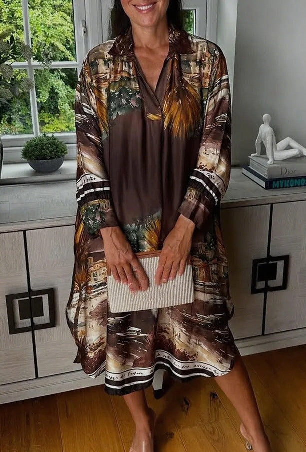Damen nan Seidenoptik-Hemdkleid im Kaftanstil mit illustrativem Küstenprint Drune
