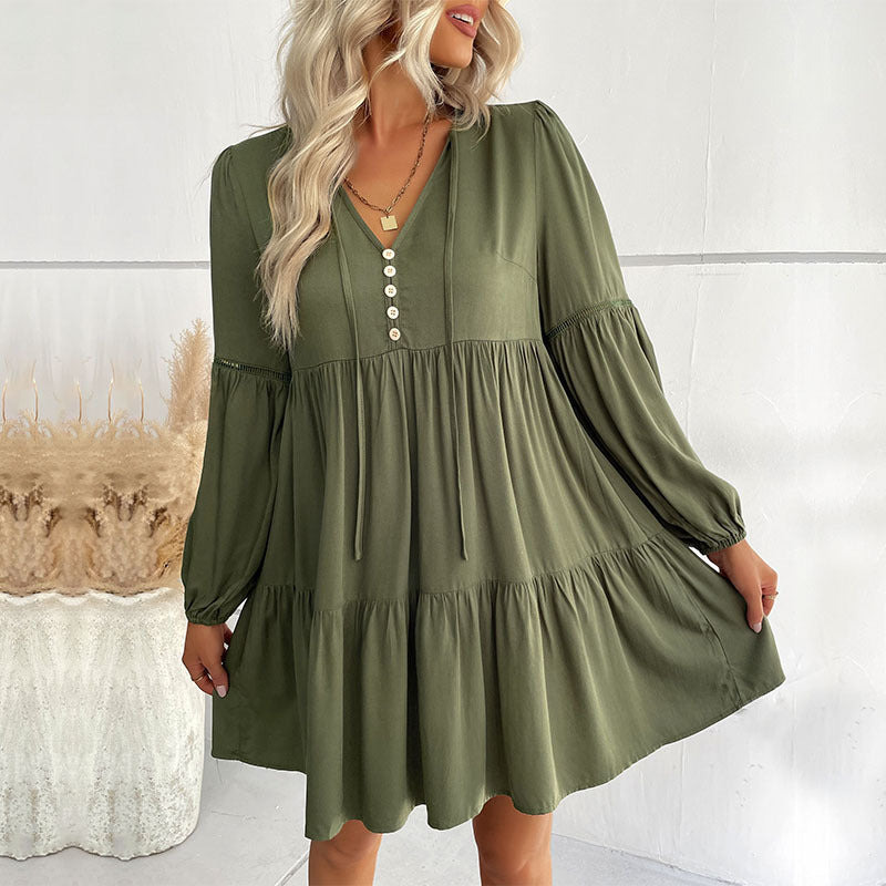 Damen Weiches Stufen-Minikleid mit V-Ausschnitt, Knopfleiste und Ballonärmeln Drune