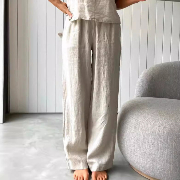 Damen lässiges Leinen-Set mit trägerloser Bluse und weiten Hosen Drune