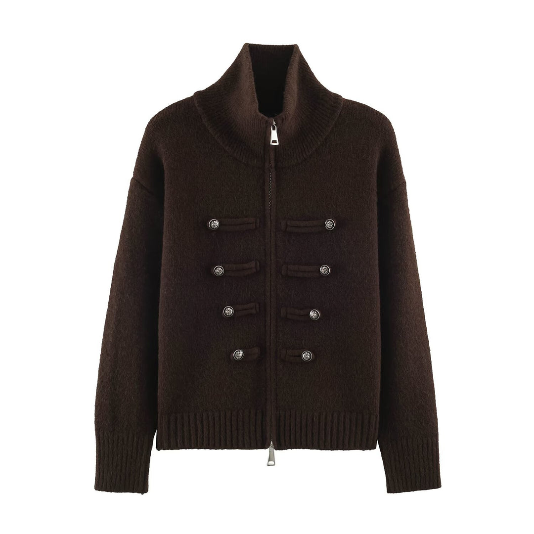 Damen Strickjacke mit Reißverschluss, hohem Stehkragen und dekorativen Zierknopfleisten Drune