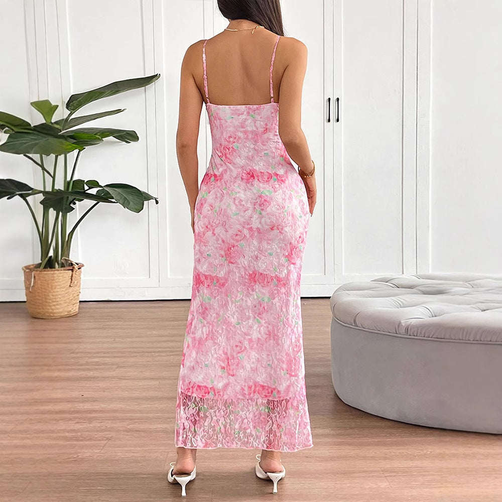 Damen elegantes Maxikleid mit floralem Muster und seitlichem Schlitz Drune