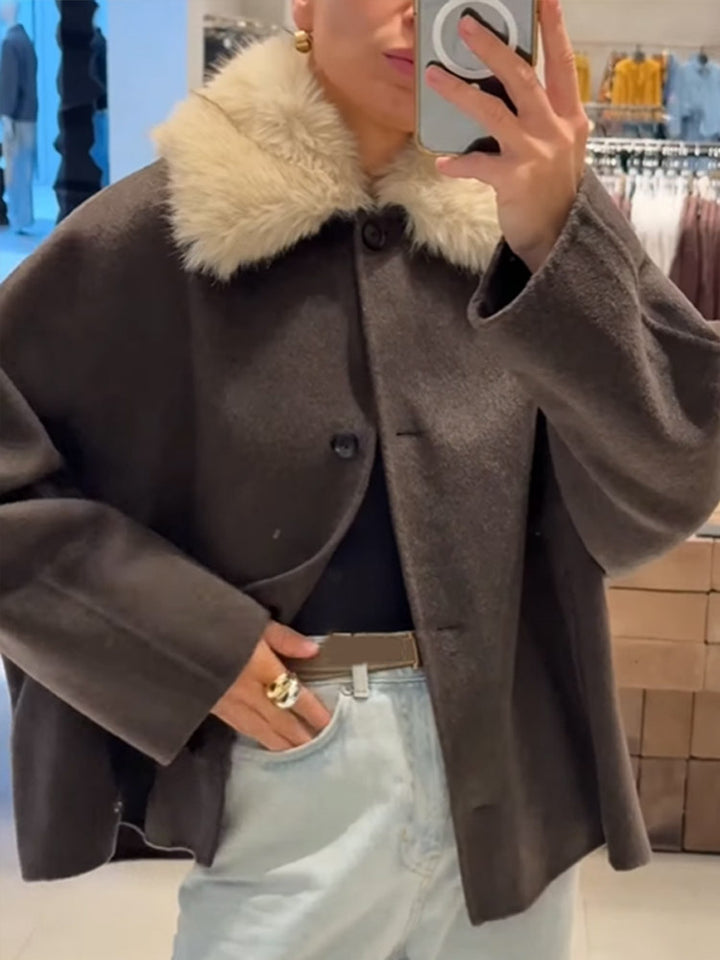 Damen Boxy-Cropped Wollmix-Jacke mit weichem Kunstpelz‑Schalkragen Drune