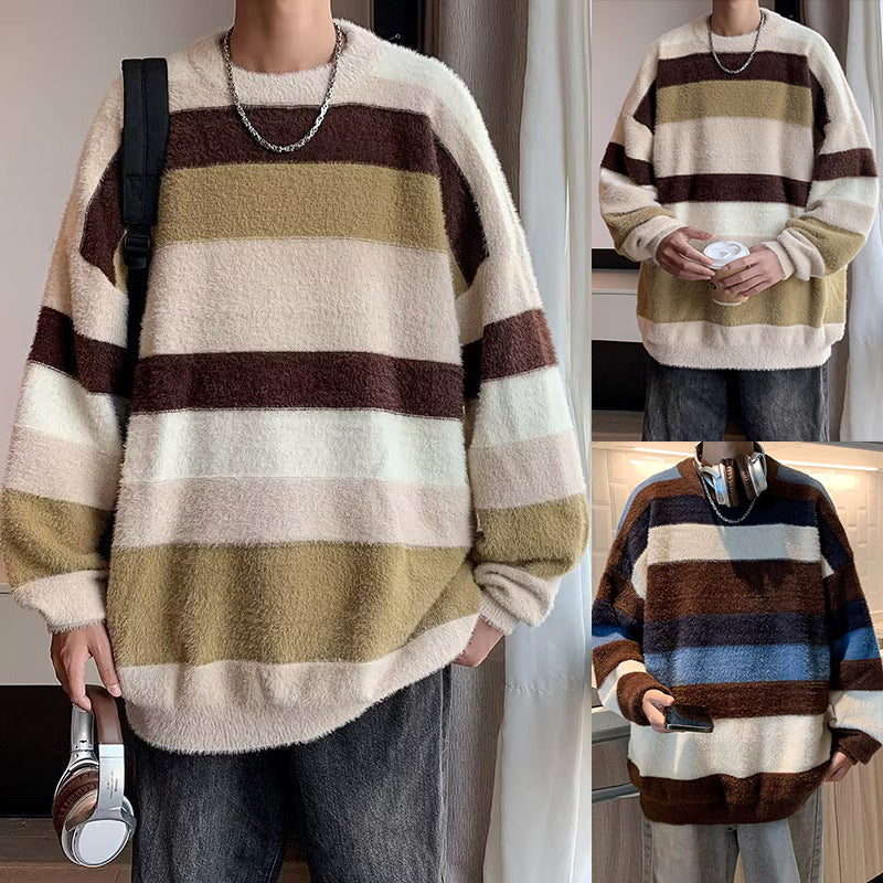 Unisex Weicher Grobstrickpullover mit Streifen Drune
