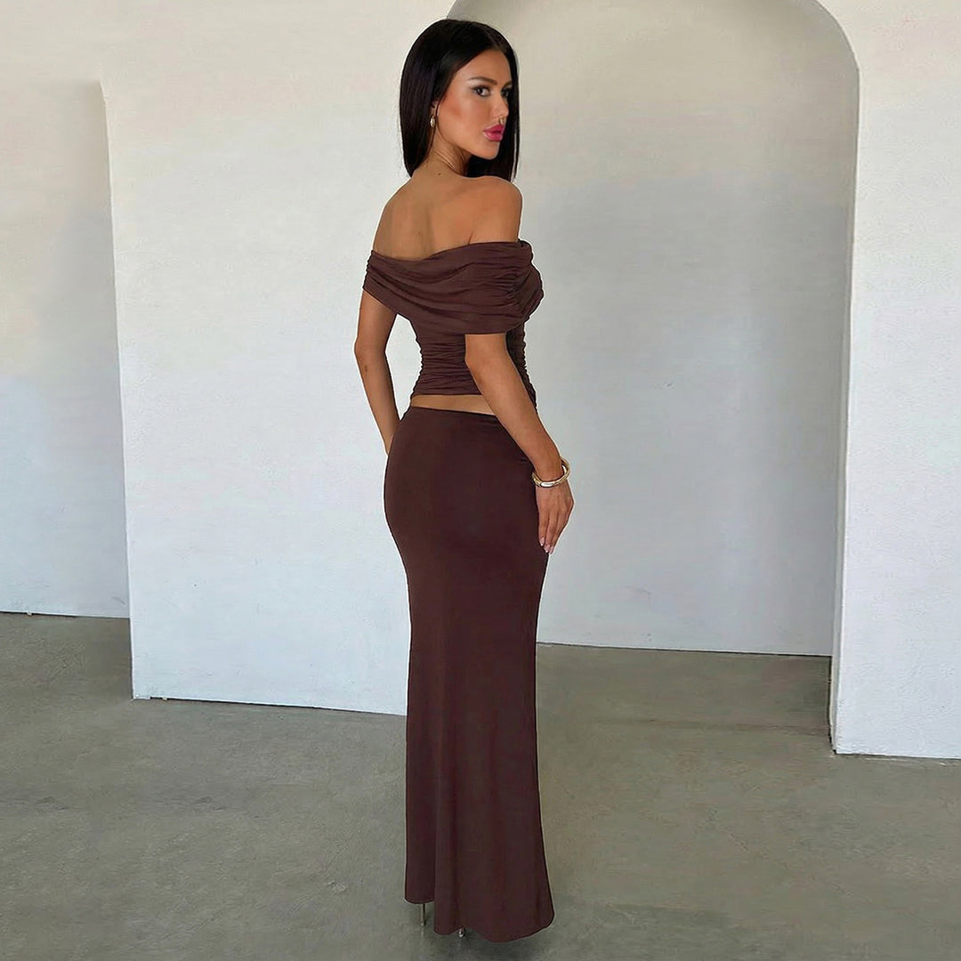 Damen Elegantes Offshoulder Maxikleid mit raffinierten Raffungseffekten Drune