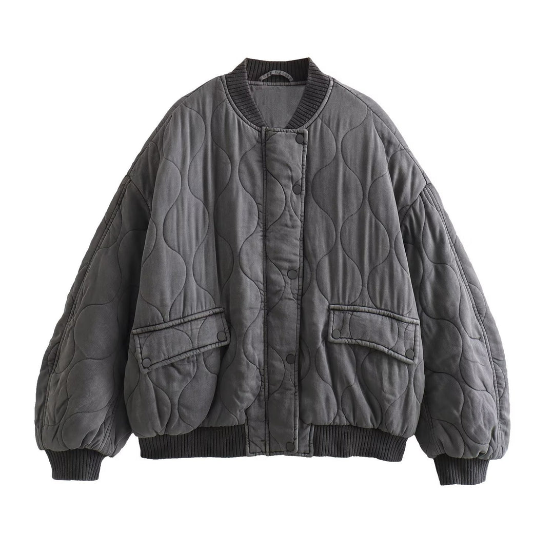 Damen Stepp-Bomberjacke mit Oversize-Silhouette, gerippten Bündchen und Pattentaschen Drune