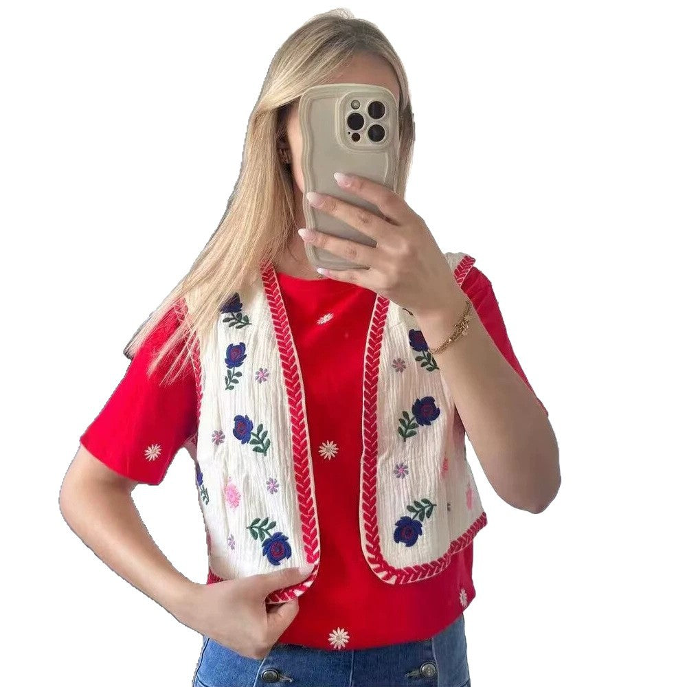 Damen Bestickte Kurz-Weste im Boho‑Chic mit floralen Applikationen Drune