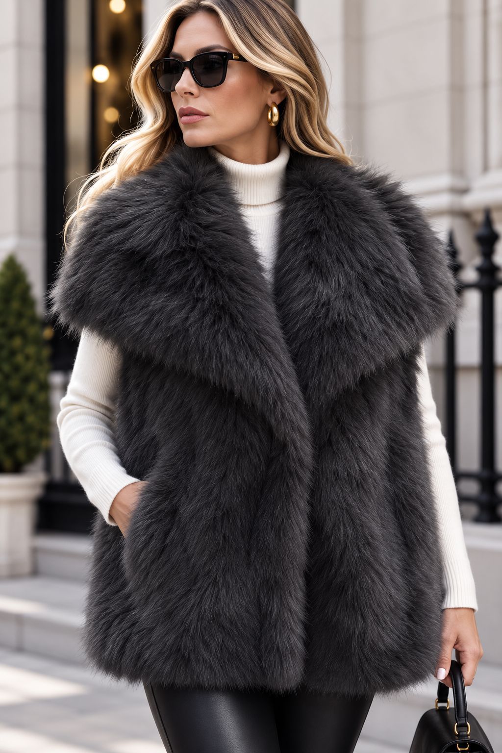 Damen Ärmellose Hochflor‑Kunstfellweste mit voluminösem Schalkragen und Eingrifftaschen Drune