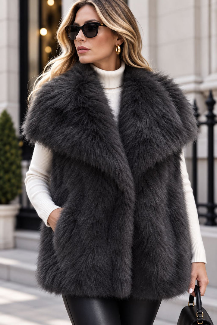 Damen Ärmellose Luxus‑Faux‑Fur‑Weste mit extraweichem Langflor und übergroßem Schalkragen Drune