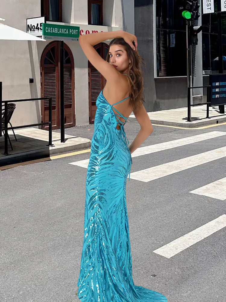 Damen Glamouröses Abendkleid mit funkelndem Paillettenmuster und V-Ausschnitt Drune