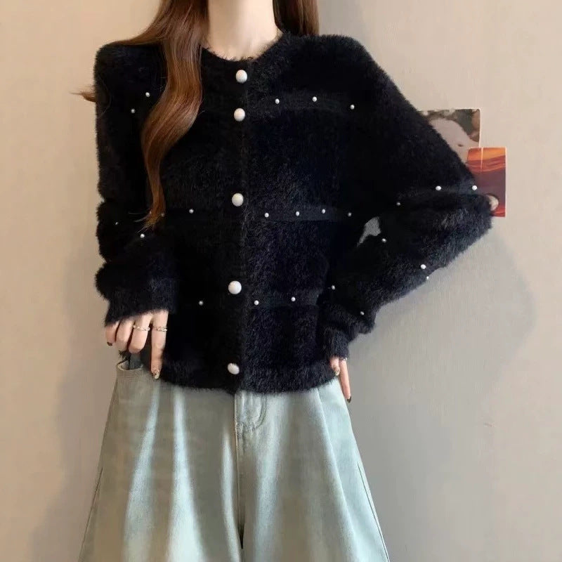 Damen Gemütlicher Strickcardigan mit Perl-Details Drune