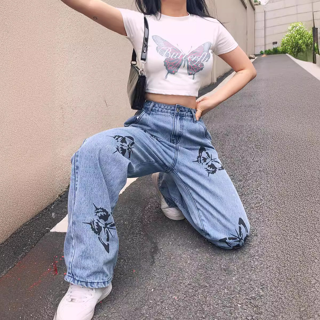 Damen nan weite High-Waist-Jeans mit Gothic-Schmetterlingsprint und entspanntem Straight-Leg Drune
