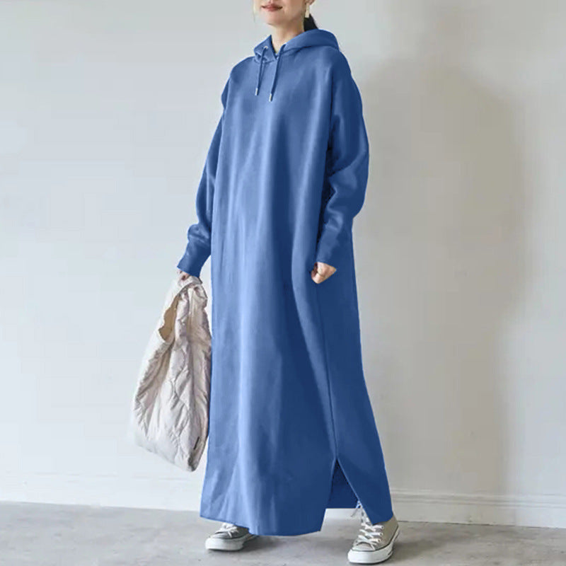 Damen nan Oversize Kapuzenmaxikleid mit geradem Schnitt und Seitenschlitz Drune