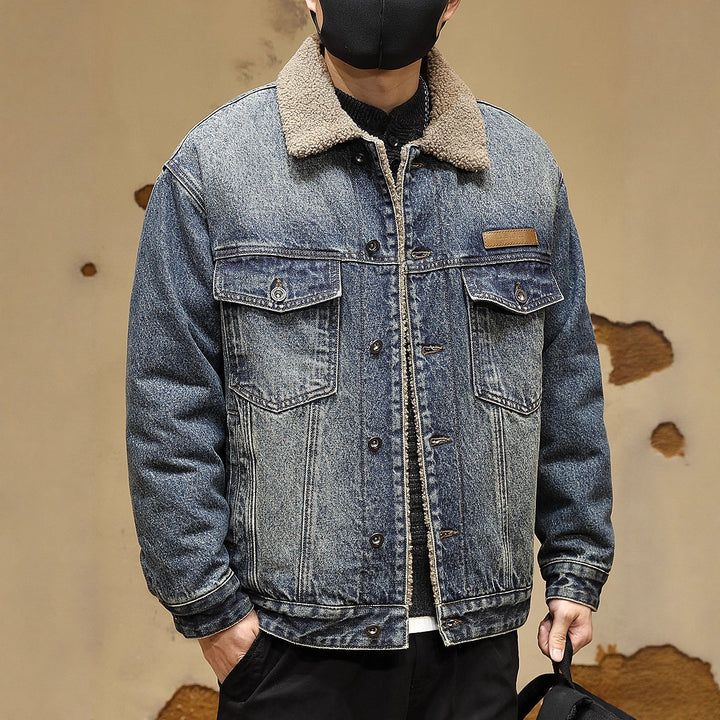 Herren Gemütliche Denimjacke mit Kunstfellkragen Drune