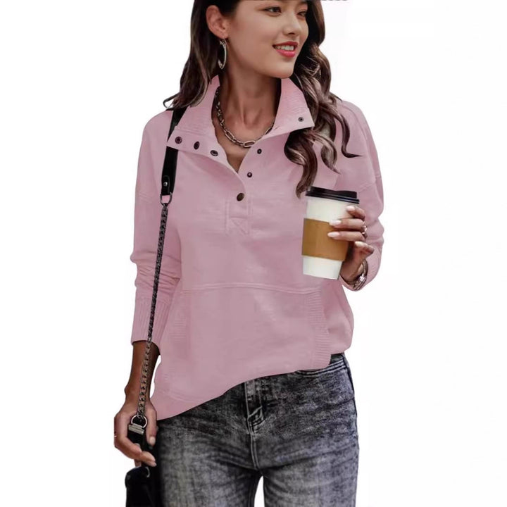 Damen Sweatpullover mit Stehkragen-Knopfleiste und Kängurutasche Drune
