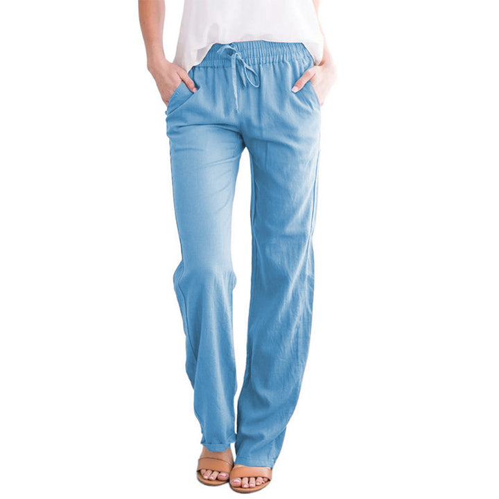 Damen Leichte Leinenoptik Palazzo-Hose mit Gummibund, Tunnelzug und Eingrifftaschen Drune