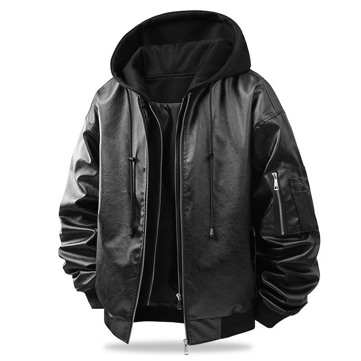 Herren Oversized Kunstleder-Bomberjacke mit Kapuze, Ärmeltasche und Reißverschluss Drune
