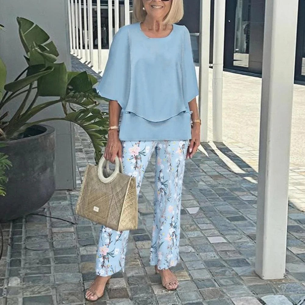 Damen nan Lagen-Tunika mit Cape-Ärmeln und knöchellanger Geradebeinhose mit Grafikprint Drune