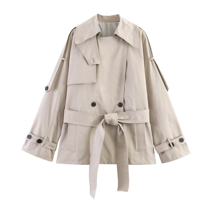 Damen Kurzer Oversize-Trenchcoat mit Bindegürtel und Cape-Detail Drune