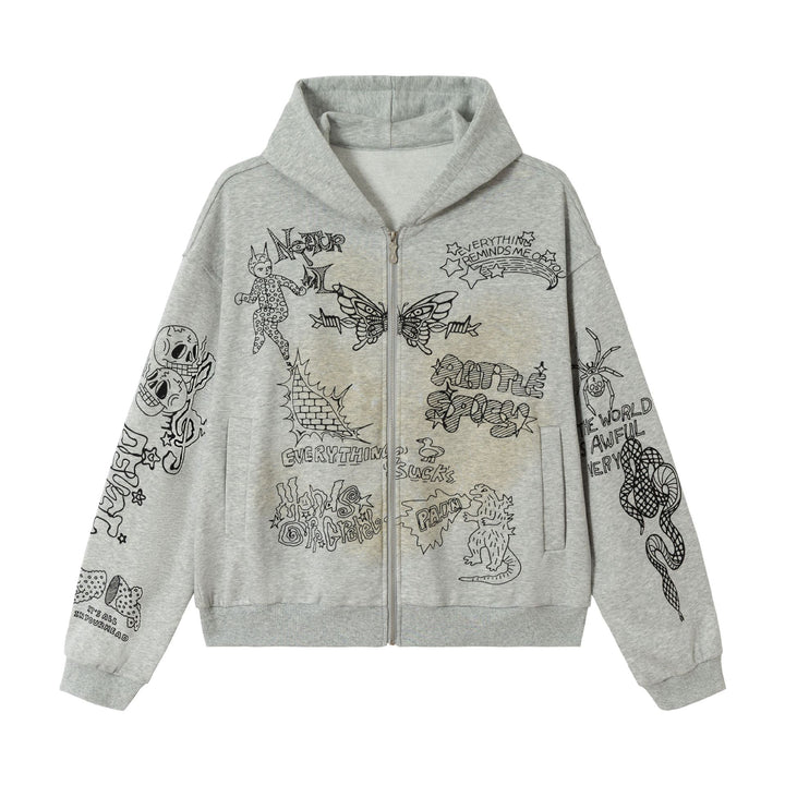 Damen Oversize-Kapuzenjacke mit Reißverschluss, hohem Kragen und grafischen Tattoo-Prints Drune