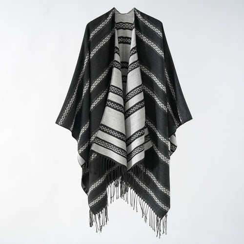 Damen Langer Webponcho im Cape-Stil mit Streifen-Jacquard und Fransen Drune
