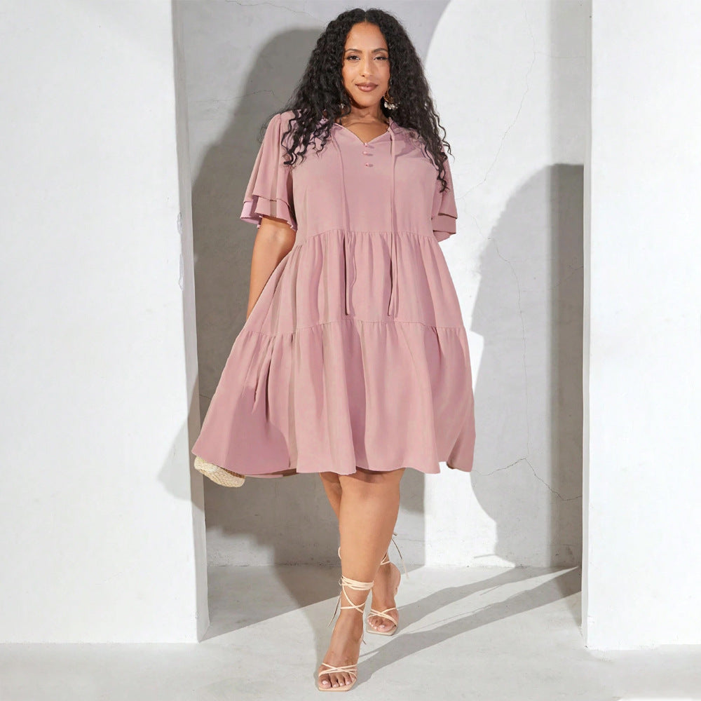 Damen luftiges Freizeitkleid mit verspielten Rüschen und elegantem Bindegürtel Drune
