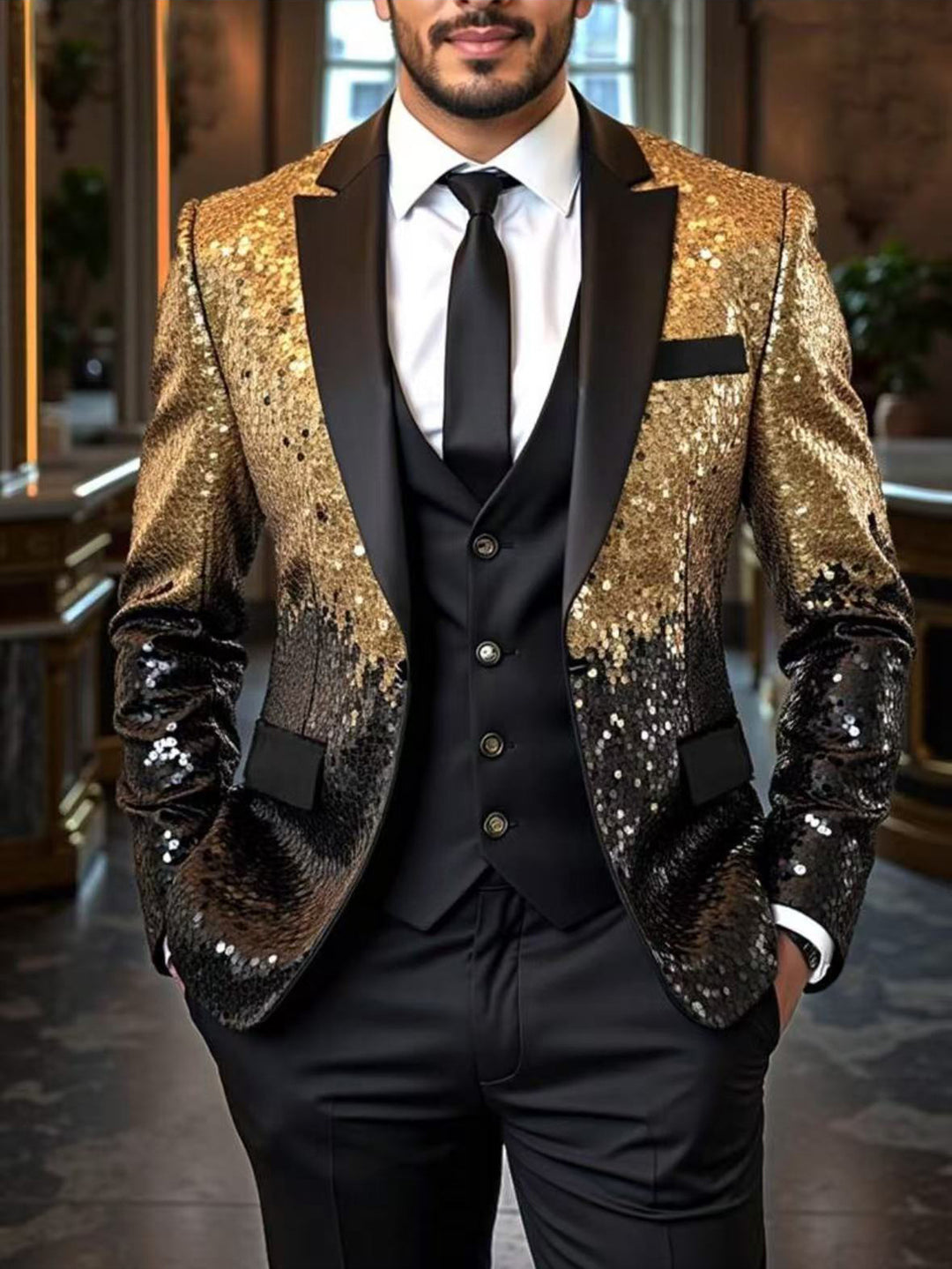 Herren Pailletten‑Sakko mit Satin‑Schalkragen und tailliertem Schnitt Drune