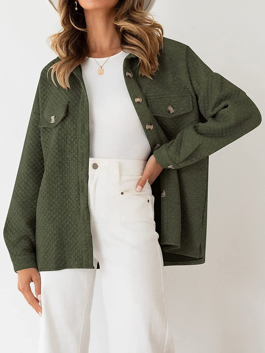 Damen Stepp Übergangshemdjacke mit Oversize Schnitt Brustpatten und Knopfleiste Drune
