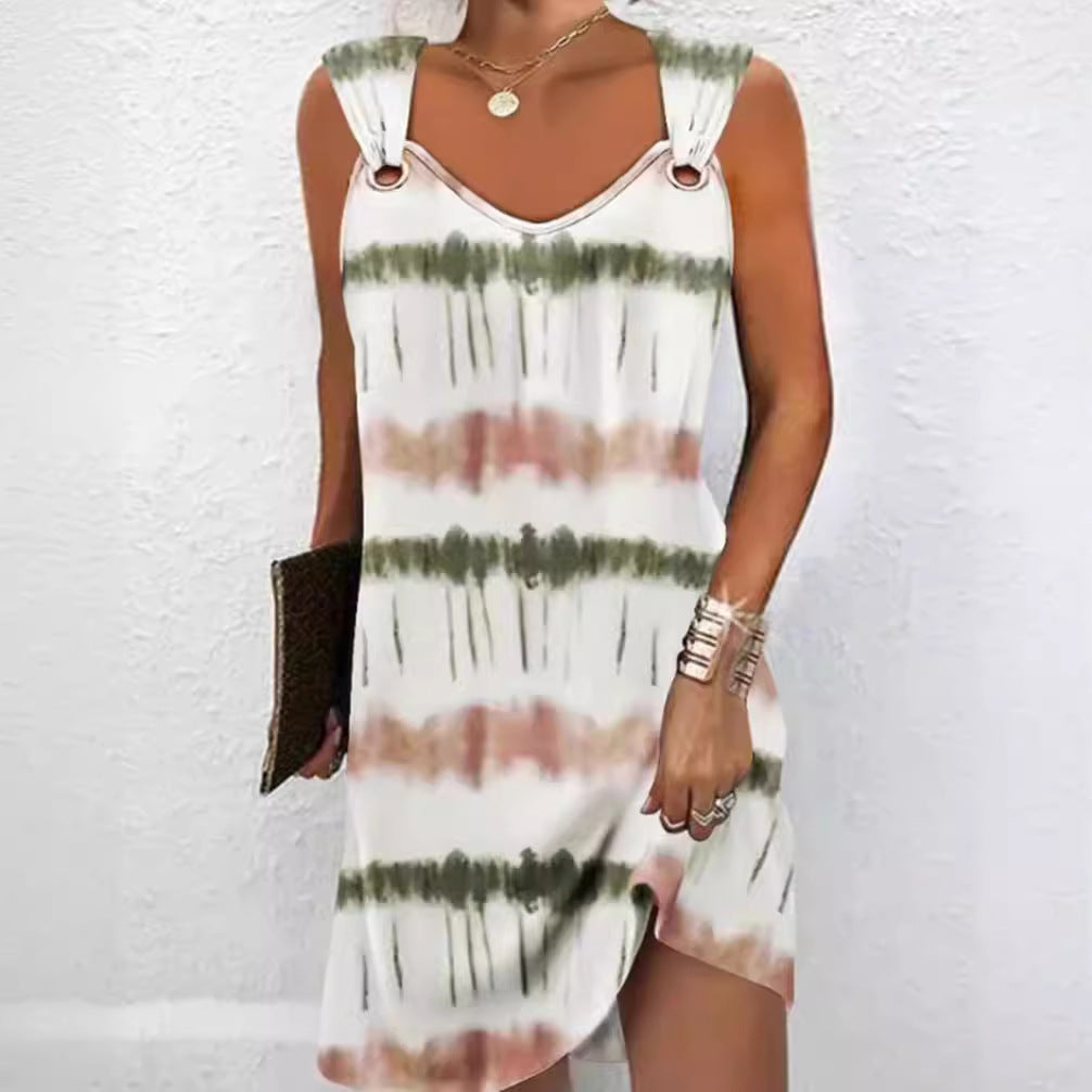 Damen nan ärmelloses V-Ausschnitt-Sommerkleid mit dekorativen Metallösen an breiten Trägern und lässiger A-Linien-Silhouette Drune