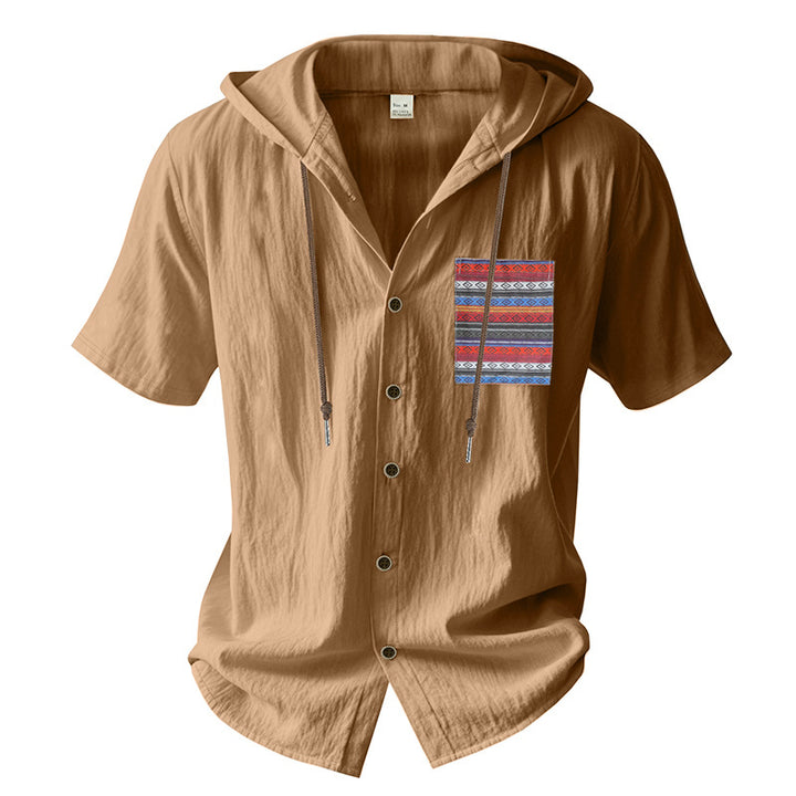 Herren Kurzarm-Hemd mit Kapuze und buntem Brusttaschen-Motiv Drune