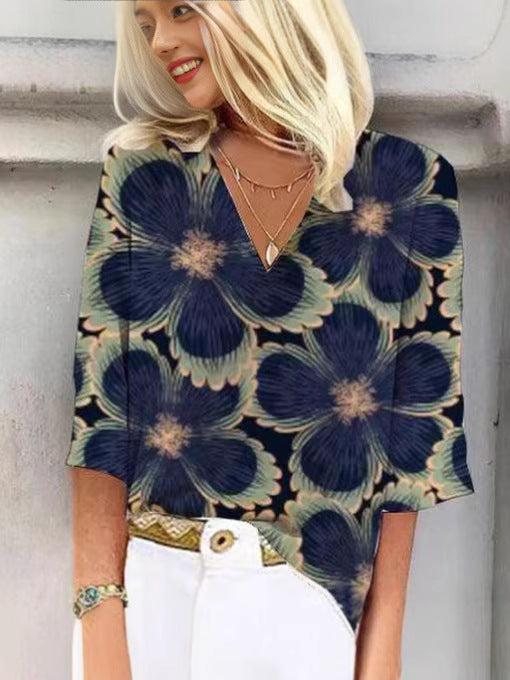 Damen Gemusterte Bluse mit V-Ausschnitt und 3/4-Ärmeln Drune