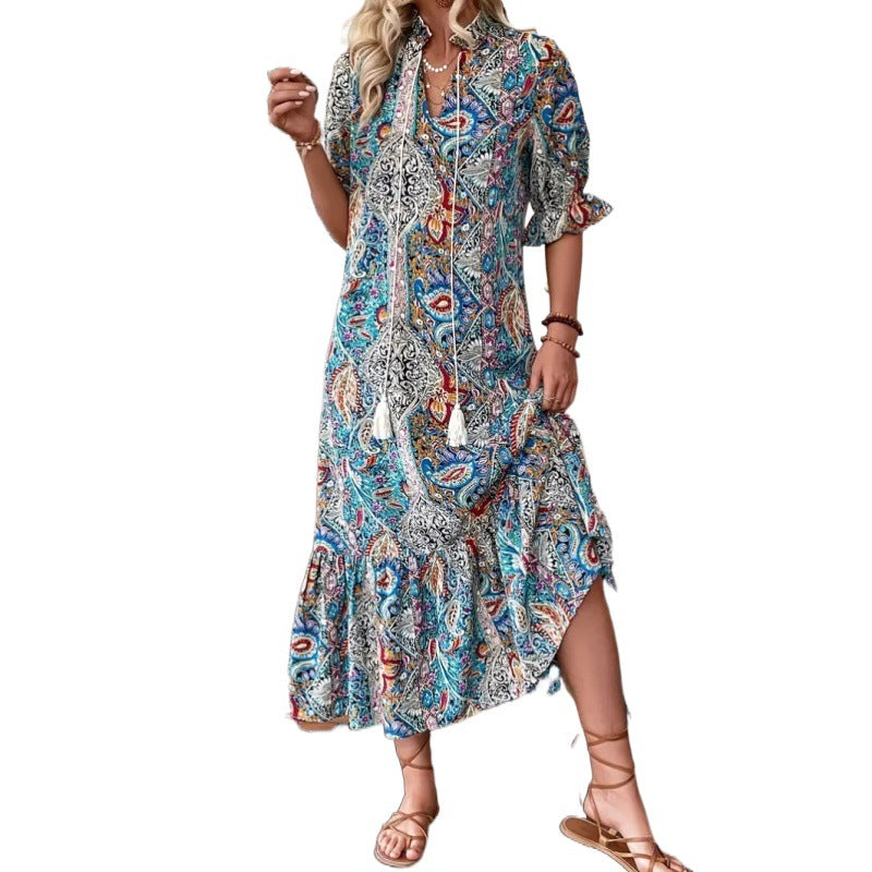 Damen Maxikleid im Boho-Stil mit Rüschendetails Drune