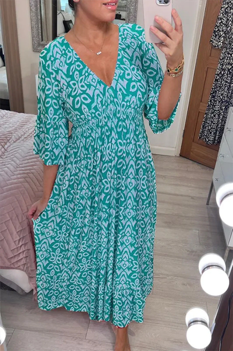 Damen Boho‑Maxikleid mit Smoktaillenband, Wickeloptik‑Dekolleté und Volantärmeln Drune