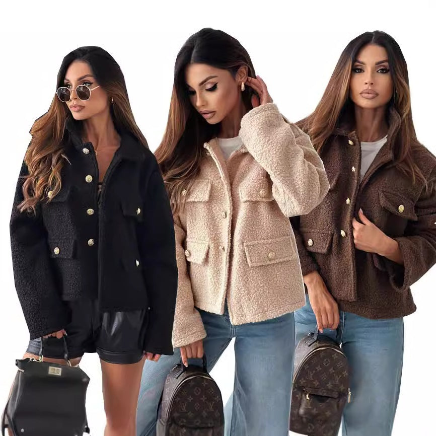Damen Trendige Bouclé-Jacke mit goldenen Knöpfen und praktischen Taschen Drune