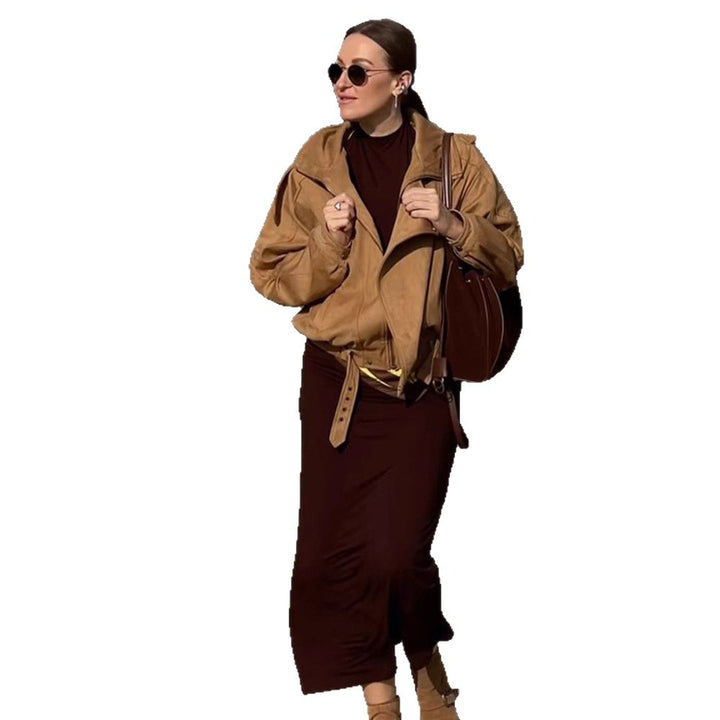 Damen Oversize Veloursleder-Jacke im Bomberstil mit Schulterklappen und taillierbarem Bund Drune